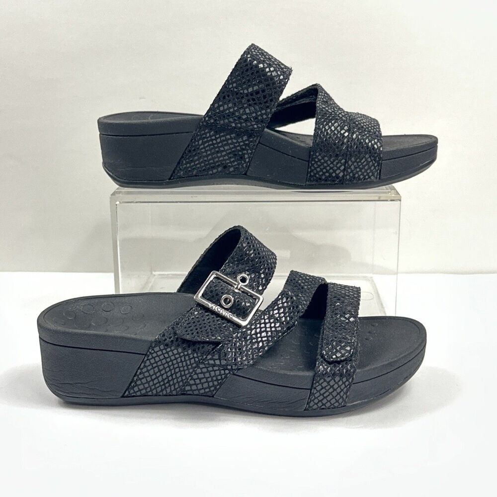 Vionic Rio Sandals Womens 6 Black Wedge Slide Comfort Orthotic Snake Embossed - Picture 2 of 10